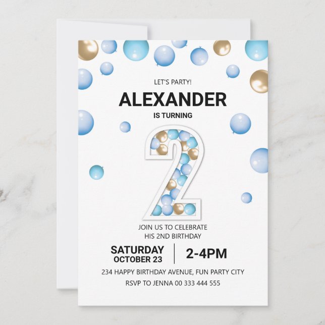 Invitation 2e fête d'anniversaire, Blue and Gold Balloon Boy (Devant)