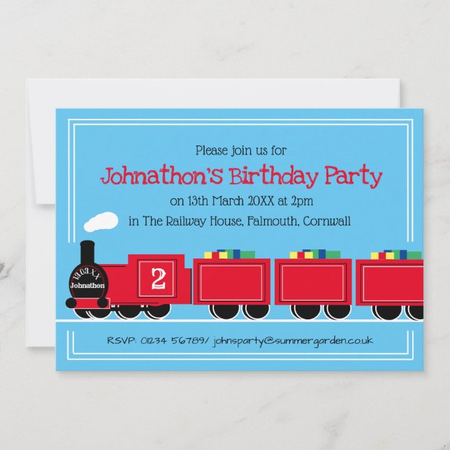 Invitation 2e (ou tout âge) anniversaire train garçon fête (Devant)