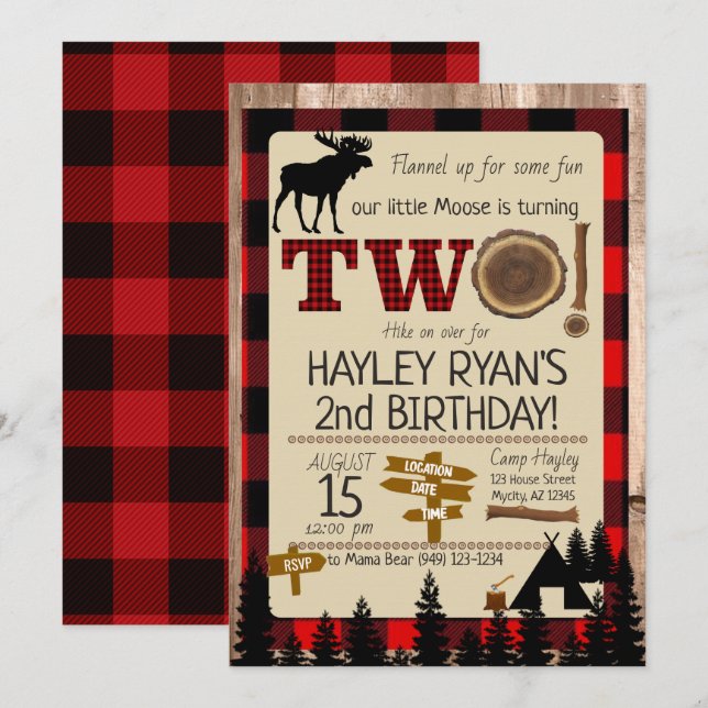 Invitation 2ème anniversaire Wild One Flannel Little Moose Th (Devant / Derrière)