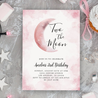 Invitation 2ème Deux La Lune Fille Anniversaire Pink