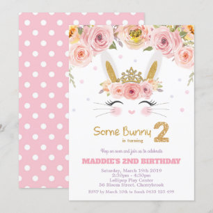 Invitation 2ème deuxième anniversaire de lapin mignon floral