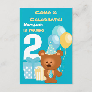 Invitation 2ème fête d'anniversaire d'ours et de ballons
