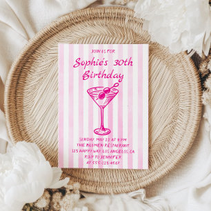 Invitation 30 ans Martini rayé rose - Adulte chic