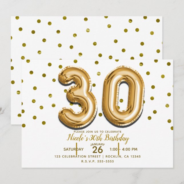 Invitation 30 Ballons d'or & Confetti 30e fête d'anniversaire (Devant / Derrière)