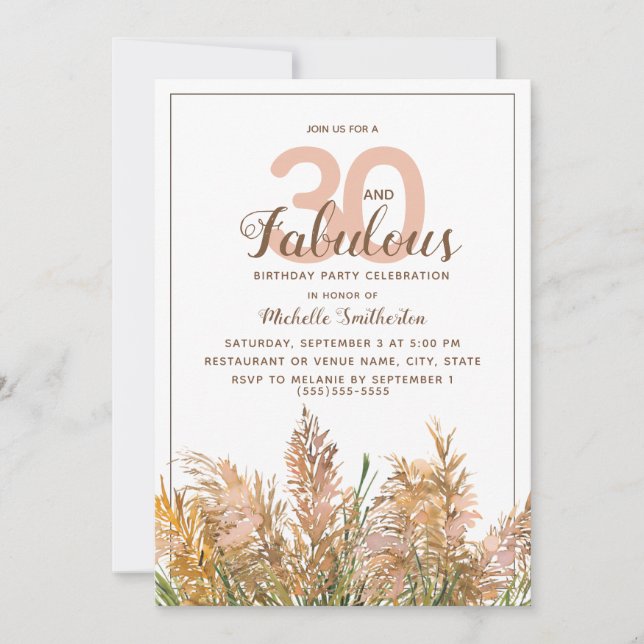 Invitation 30 Fabuleuses herbes de Pampas à Anniversaire Blan (Devant)