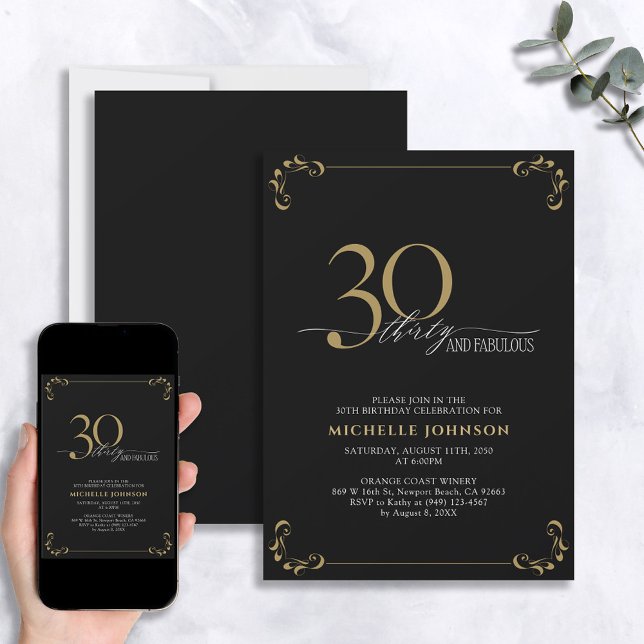 Invitation 30 & Fabuleux Black & Gold Calligraphy Anniversair (Créateur téléchargé)