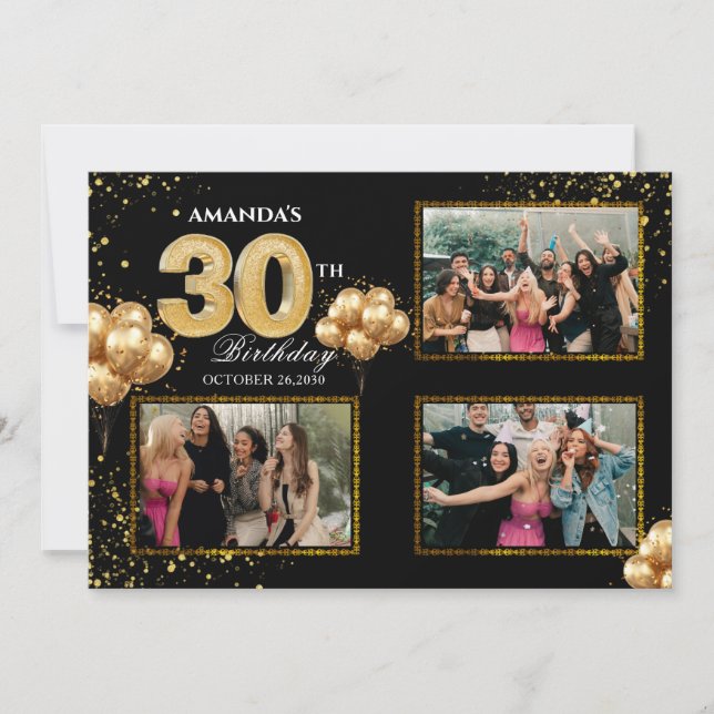 Invitation 30 th Birthday Gold Silver Black Balloons (Devant)