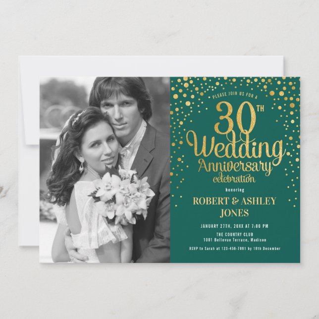 Invitation 30e anniversaire avec photo - Émeraude et or (Devant)