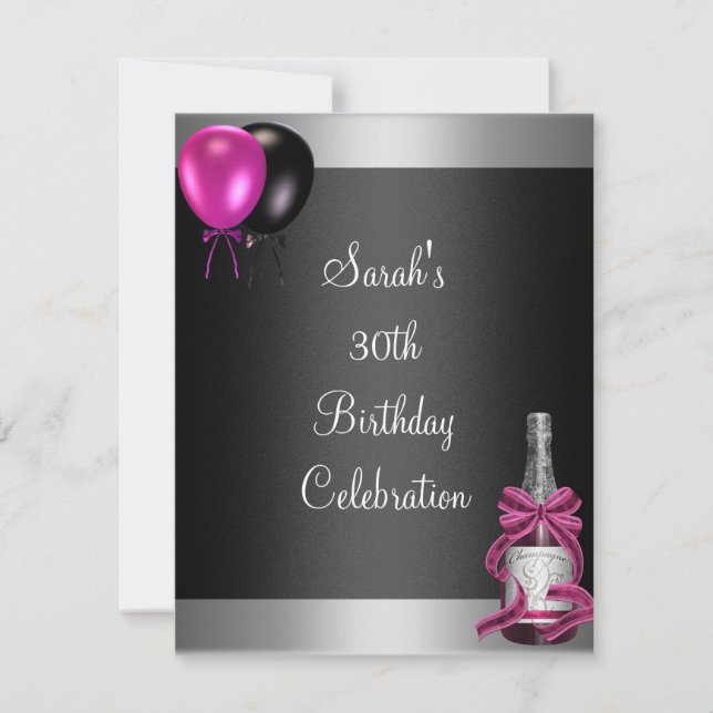 Invitation 30e Anniversaire Ballons Champagne Argent Rose (Devant)