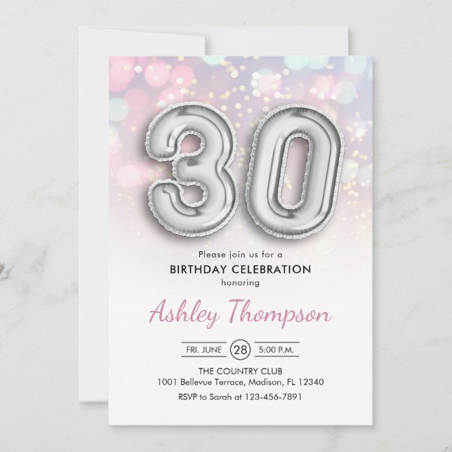 Invitation 30e anniversaire - Ballons d'argent Lumières rose (Devant)