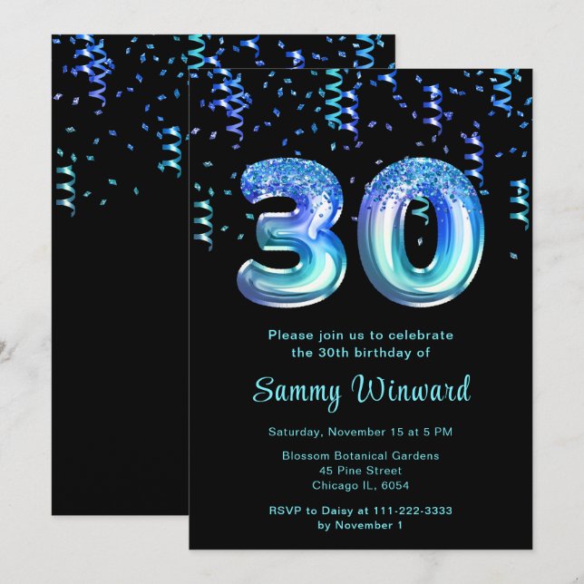 Invitation 30e anniversaire Ballons de mer avec Confetti (Devant / Derrière)
