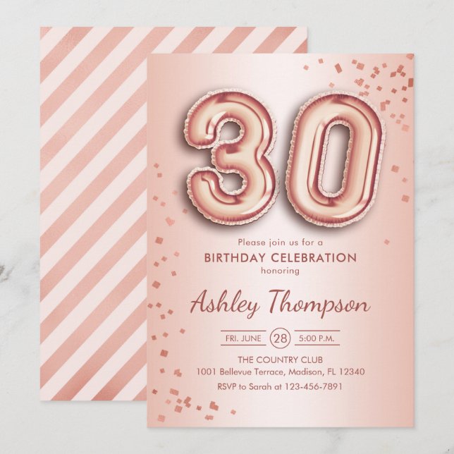 Invitation 30e anniversaire - Ballons d'or Rose (Devant / Derrière)