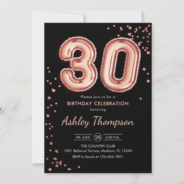 Invitation 30e anniversaire - Ballons d'or Rose noir (Devant)