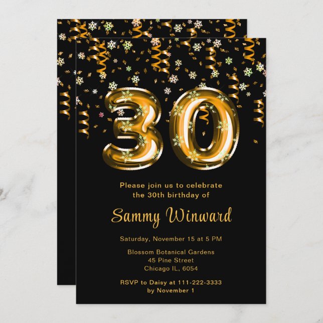 Invitation 30e anniversaire Ballons d'or Snowflake Confetti (Devant / Derrière)