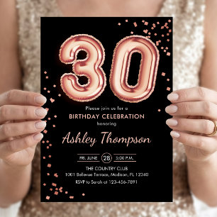 Invitation 30e Anniversaire - Ballons Rose Gold Noir