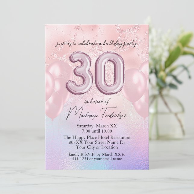 Invitation 30e anniversaire Ballons sur Holographie et rose (Debout devant)