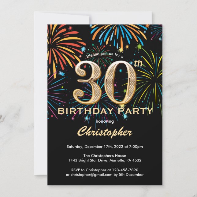 Invitation 30e anniversaire Black and Gold Rainbow Fireworks (Devant)