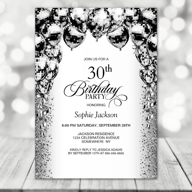 Invitation 30e anniversaire Black and White Balloons Party (Créateur téléchargé)