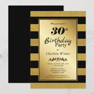 Invitation 30e anniversaire Black Gold Striped Party