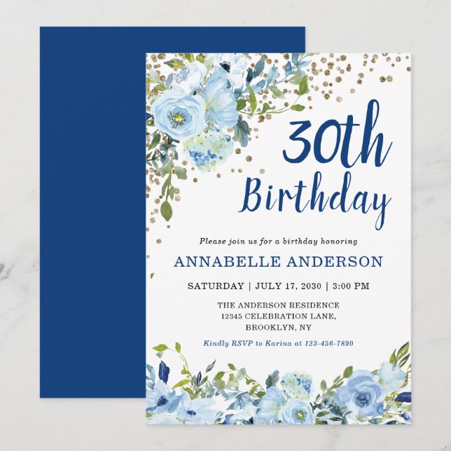 Invitation 30e anniversaire Blue Floral Aquarelle or Confetti (Devant / Derrière)
