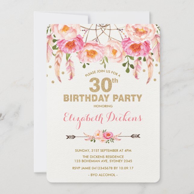 Invitation 30e anniversaire Boho rose or floral (Devant)