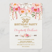 Invitation 30e anniversaire Boho rose or floral