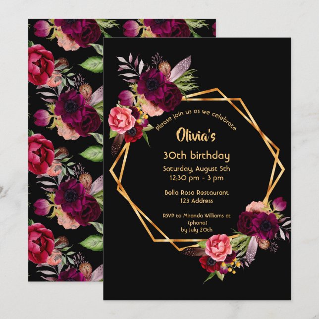 Invitation 30e anniversaire bordeaux floral or géométrique no (Devant / Derrière)