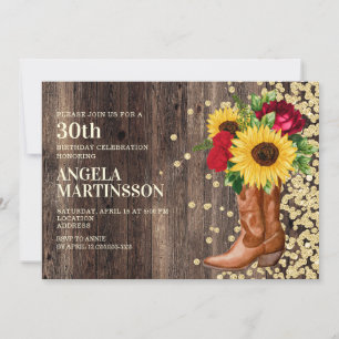 Invitation 30e anniversaire Bottes rustiques tournesol Roses