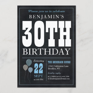 Invitation 30e anniversaire Chalkboard Blue Balloon Rustic Ch