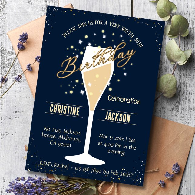 Invitation 30e anniversaire Champagne toast bleu et beige cou (Créateur téléchargé)