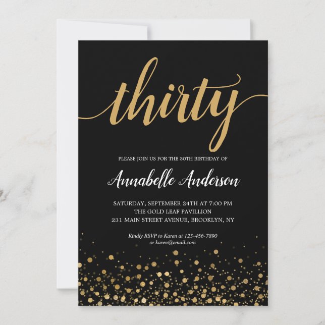 Invitation 30e Anniversaire Confetti d'or moderne Script Noir (Devant)