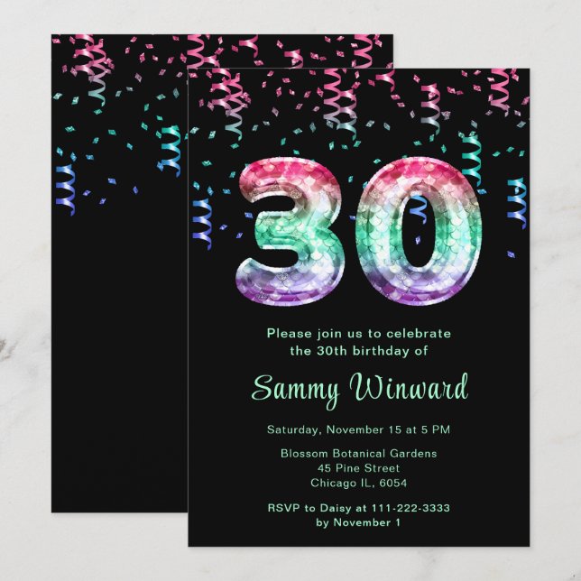 Invitation 30e anniversaire de ballons de sirène avec Confett (Devant / Derrière)