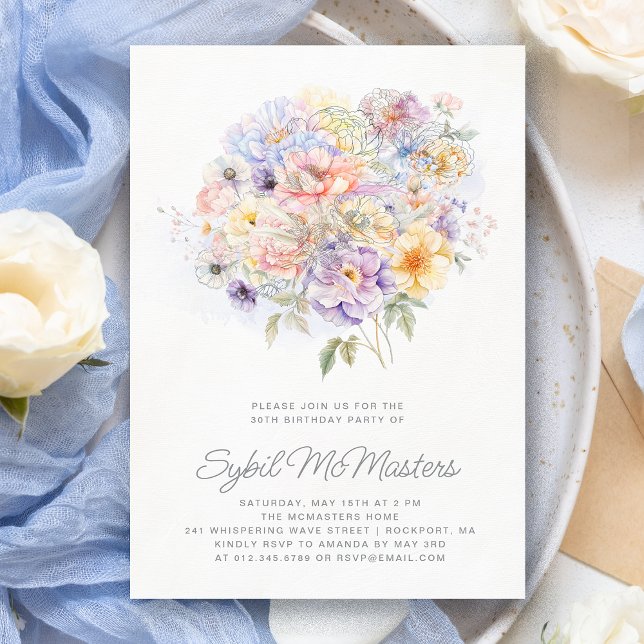Invitation 30e anniversaire de fête aquarelle Bouquet floral (Créateur téléchargé)
