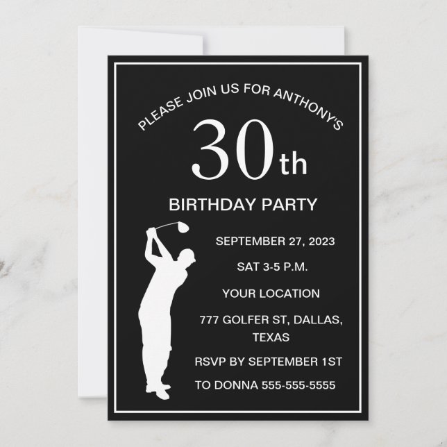 Invitation 30e anniversaire de la fête Golfer Black Par Papa  (Devant)