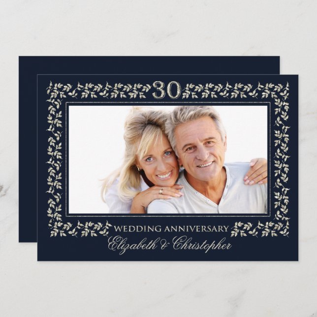 Invitation 30e Anniversaire de Mariage Bleu Marine Argent Pho (Devant / Derrière)