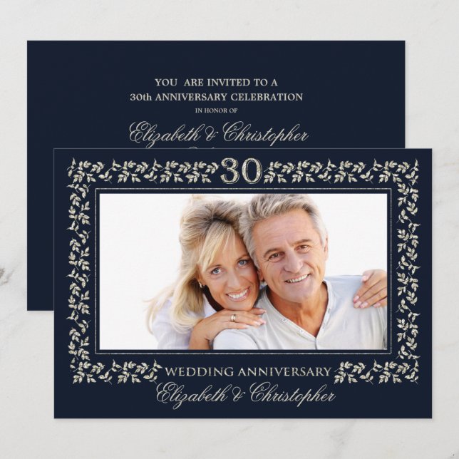 Invitation 30e Anniversaire de Mariage Bleu Nuit Argent Photo (Devant / Derrière)