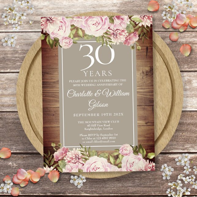 Invitation 30e anniversaire de mariage Boho Rustique Roses Fl (30th Wedding Anniversary Boho Rustic Roses Floral Invitation)