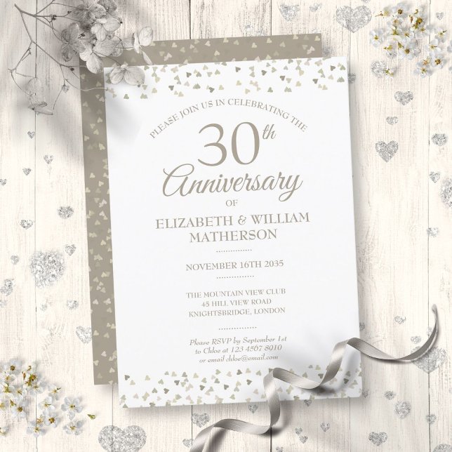 Invitation 30e Anniversaire de Mariage Cœurs de Perles Confet (30th Wedding Anniversary Pearl Hearts Confetti Invitation)