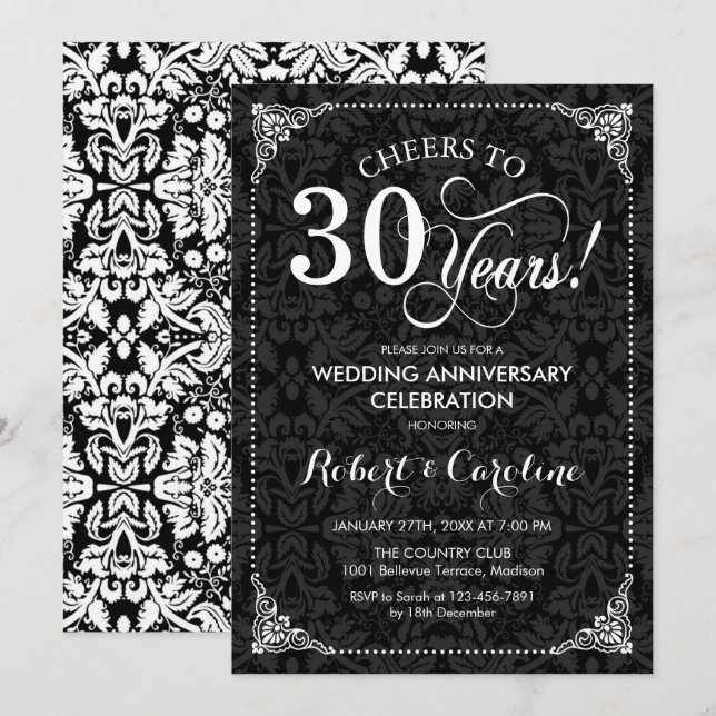 Invitation 30e anniversaire de mariage - Damassé noir blanc (Devant / Derrière)
