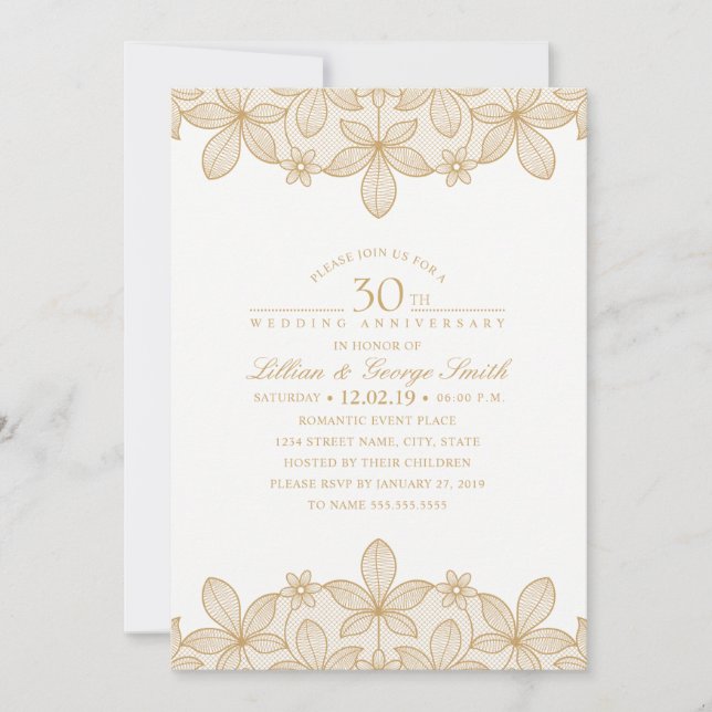 Invitation 30e anniversaire de Mariage Elégante dentelle doré (Devant)