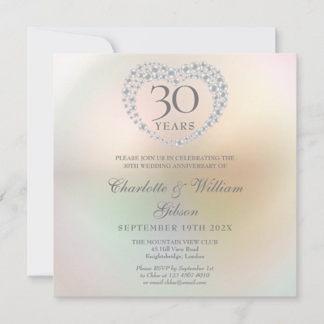 Invitation 30e anniversaire de mariage Pearl Heart Square  (Devant)