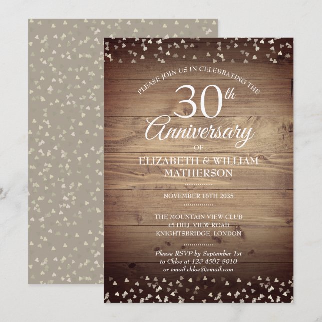 Invitation 30e anniversaire de mariage perle Bois rustique Co (Devant / Derrière)