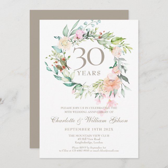 Invitation 30e Anniversaire de Mariage Perle Roses Feuillage (Devant / Derrière)