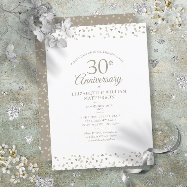 Invitation 30e Anniversaire de Mariage Perles Confettis de co (30th Wedding Anniversary Pearl Hearts Confetti Invitation)