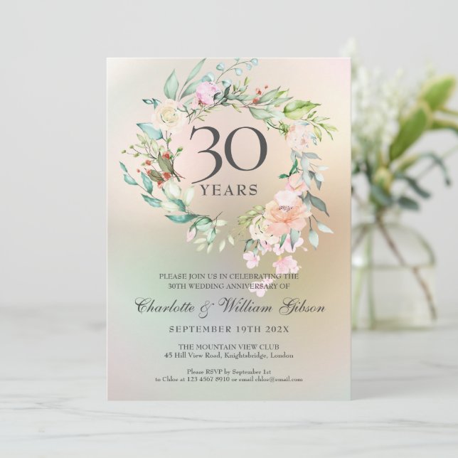 Invitation 30e anniversaire de Mariage Roses Floral Pearl (Debout devant)