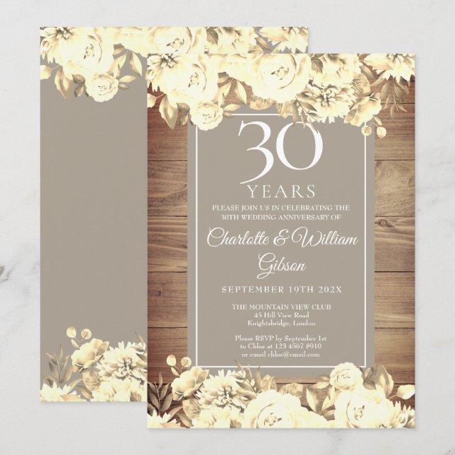 Invitation 30e anniversaire de mariage Roses rustiques (Devant / Derrière)
