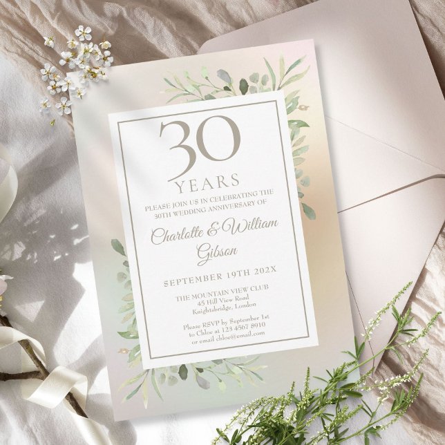 Invitation 30e Anniversaire de Mariage Verdure Florale Perle (30th Wedding Anniversary Greenery Floral Pearl Invitation)