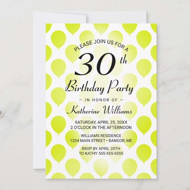 Invitation 30e anniversaire des ballons modernes Lime Green (Devant)