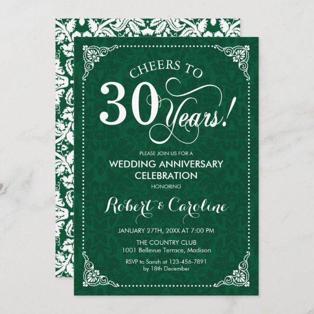 Invitation 30e anniversaire du Mariage Emerald Green Damask (Devant / Derrière)