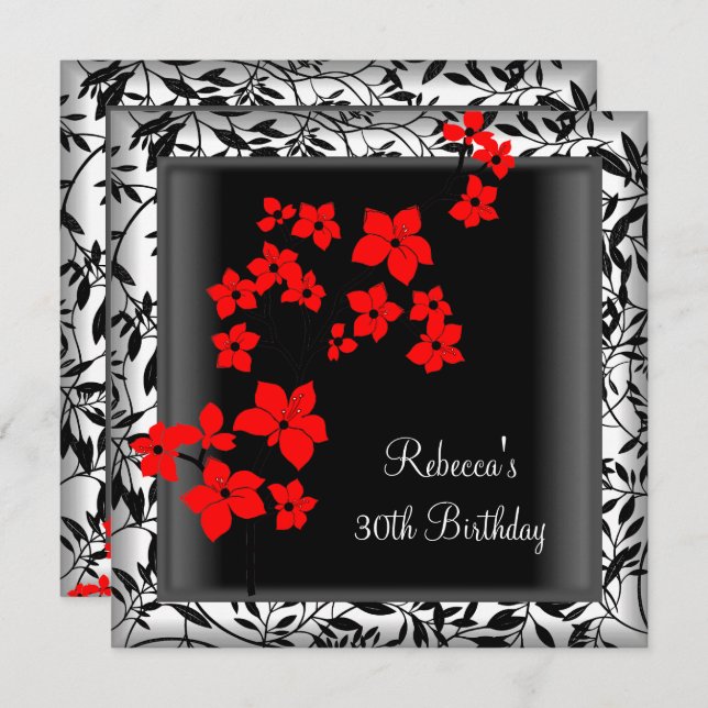Invitation 30e anniversaire Elégant Asiatique Fleurs rouges B (Devant / Derrière)